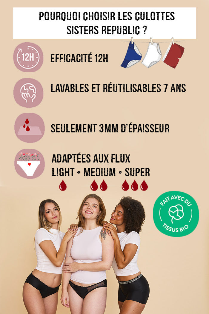 Sisters Republic FR La culotte menstruelle en tissus BIO efficace 12h sans fuite, ni odeur, ni sensation d'humidité. Élue "Victoire de la Beauté Top Innovation"