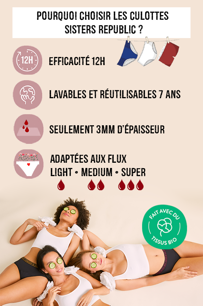 Sisters Republic FR La culotte menstruelle en tissus BIO efficace 12h sans fuite, ni odeur, ni sensation d'humidité. Élue "Victoire de la Beauté Top Innovation"